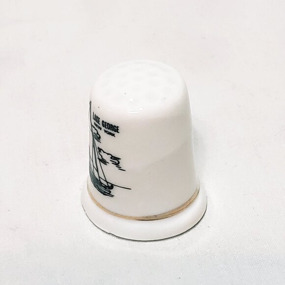 Lake George New York Sailboat Thimble Souvenir Porcelain Vintage 1" White Black - Picture 7 of 10